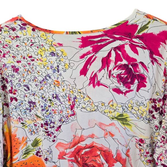 Chicos Size 2 Womens Large Watercolor Floral V-Neck 3/4 Sleeve Tshirt - Picture 4 of 9